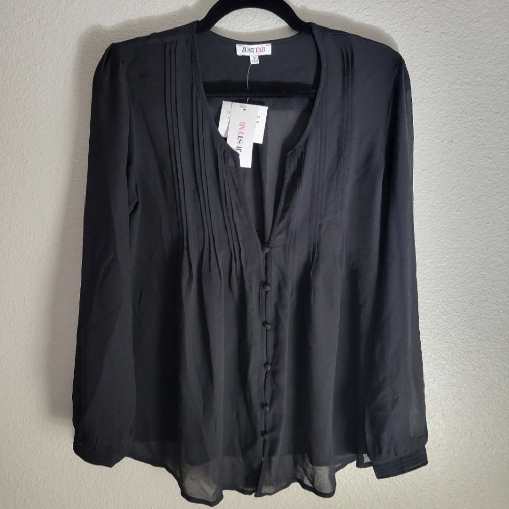 JustFab Sheer, Black, Flowy, Button-Down, Blouse, Size Small, NWT